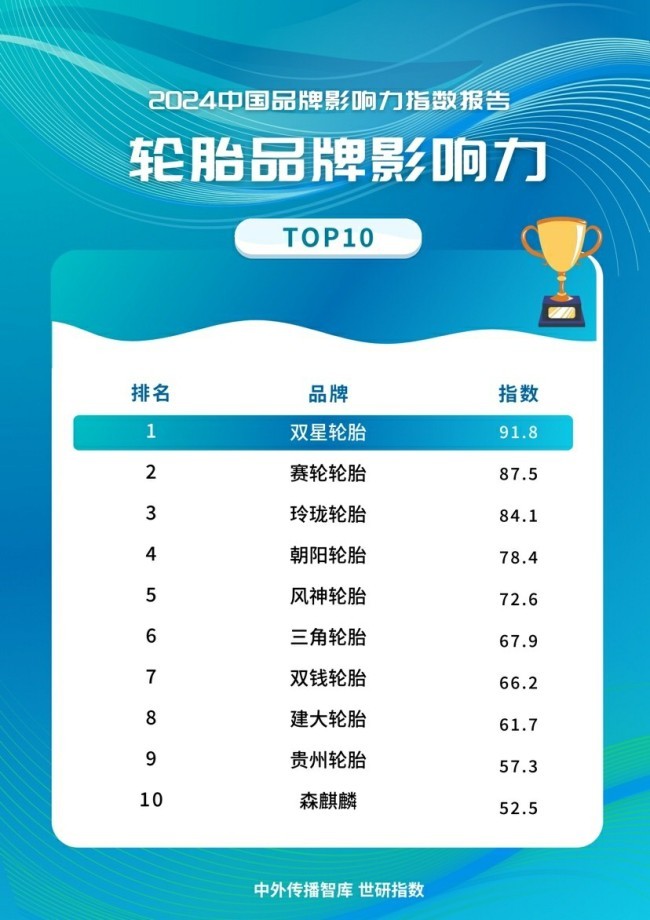 《2024中国品牌影响力指数报告》发布双星轮胎位列最具影响力轮胎品牌TOP10榜首(图2)